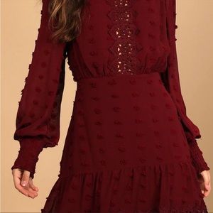 Lulus Burgundy Swiss Dot Long Sleeve Dress